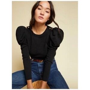 NATION LTD Krista Jet Black Puffed Sleeve Long Sleeve Cotton Top Size Small